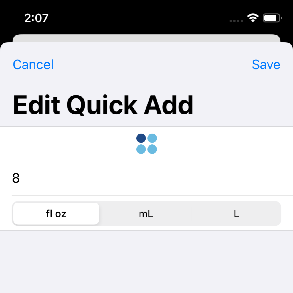 Screenshot of the 'Edit Quick Add' screen. Indicates which Quick Add is being edited, and allows selecting both the amount and unit of volume (fluid ounces, milliliters, or liters).